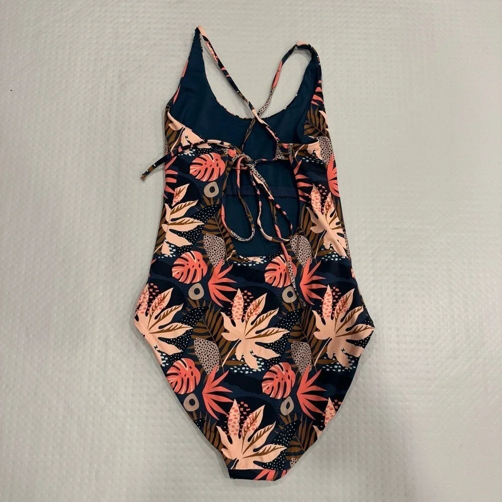 Senita Athletics One Piece Swimsuit Tropical Floral XL Navy Pink Women